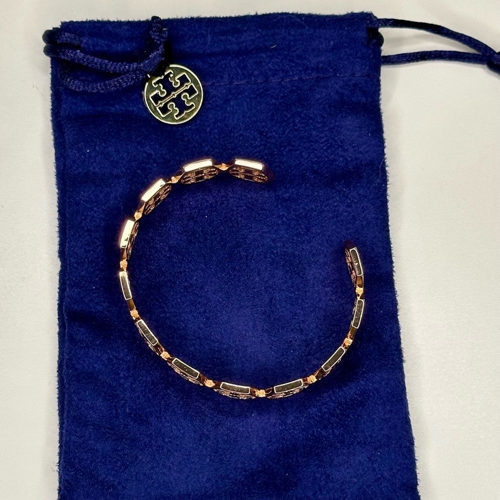 Tory Burch Hexagon Frozen Logo Cuff Bracelet Rose Gold Plated Bangle Jewelry - Picture 6 of 8